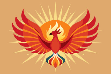Stylized minimalist flaming phoenix bird wing and head in front of sun disk with sun rays, curved red flaming wings