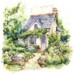 Idyllic Watercolor Cottage Surrounded by Lush Garden - 783347430