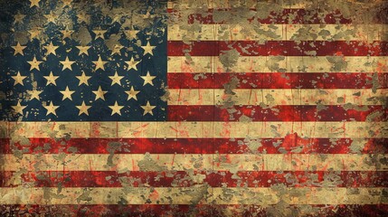 weathered grunge american flag with blue background and red and white stripes