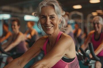 Women of different ages and fitness levels are energetically cycling on exercise bikes in a gym. Senior woman with grey hair is smiling