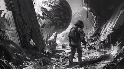 A lone astronaut in a desolate and shattered city with a giant planet in the background rendered in a dark and moody style.