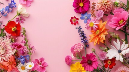 vibrant multi-colored flowers arranged on a pink background in a floral still life style