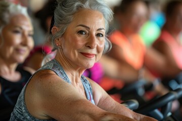 A group of senior women with grey hair happily pedaling on stationary exercise bikes indoors