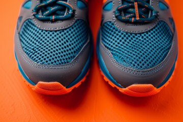 A pair of blue and orange stability and cushion running shoes for men placed on an orange background