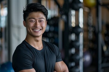 A young Asian American man is smiling in an indoor gym, showcasing his happiness and enjoyment of physical activity
