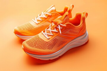 A pair of new unbranded orange and white stability and cushion running shoes for men on a vibrant orange background