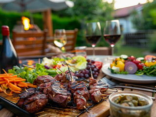 Backyard dinner table have a tasty grilled BBQ meat, Salads and wine with happy joyful people on background. 