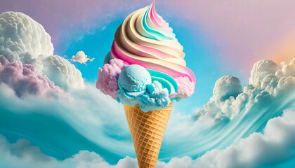 Ice cream swirl cone, food art, surreal, pastel background with clouds - obrazy, fototapety, plakaty
