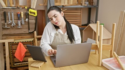 A focused woman carpenter multitasks with a phone and laptop in a workshop setting.