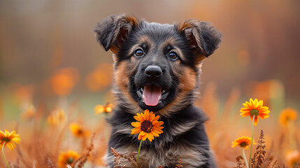 german shepard puppy with a flower