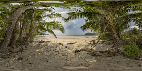360 panoramic view of sandy beach with palm trees on tropical island in sea or ocean bay on sunny day.