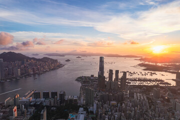 City landscape of the famous travel landmark, aerial view of Hong Kong, West Kowloon