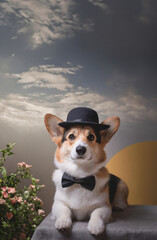 A whimsical studio dog portrait of a wearing clothing including a against a studio backdrop; neutrals color palette, high fashion pet photography with filtered lighting