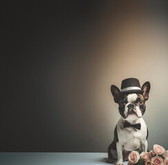 A whimsical studio dog portrait of a wearing clothing including a against a studio backdrop; neutrals color palette, high fashion pet photography with filtered lighting - obrazy, fototapety, plakaty
