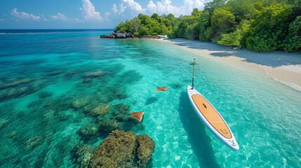 SUP Board on Tropical Lagoon with Stingrays