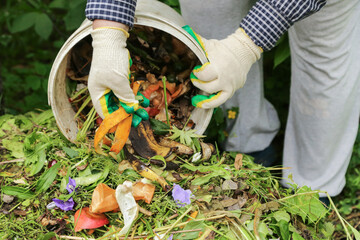 Zero waste, compost. Compost heap pile with bio waste. Farmer hands put weeds grass plants,...
