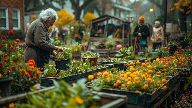 Elderly Gardener Tending to Urban Flower Beds