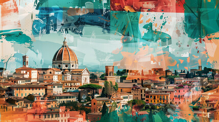 Dynamic illustrative collage showcasing iconic landmarks and the colorful essence of Italy