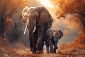 African elephant with her baby in the bush at sunset, Kruger National Park, South Africa. Elephant in the wild - obrazy, fototapety, plakaty