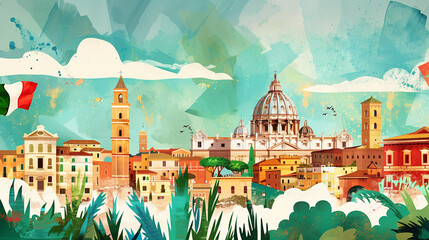 Dynamic illustrative collage showcasing iconic landmarks and the colorful essence of Italy