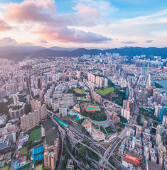 Amazing aerial view of the metropolis Hong Kong, Hung Hom district, Kowloon, evening