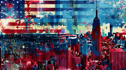 Colorful collage featuring famous landmarks of New York City intertwined with the American flag
