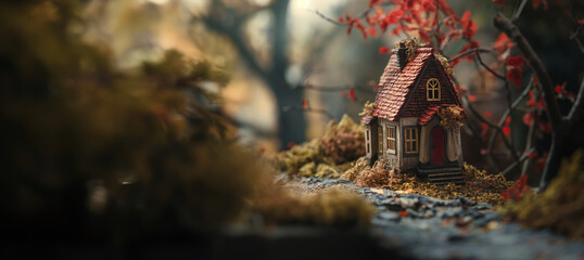 Fototapeta premium A magical miniature house surrounded by autumnal foliage, creating a whimsical fairytale ambiance with copy space
