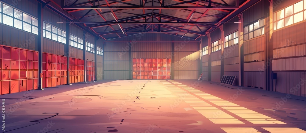 Poster warehouse displaying an abundance of red and orange boxes stacked neatly and ready for distribution