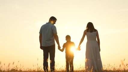 Family holding hands in field at sunset. Father dad kid boy child mother mom on golden rays sun go...