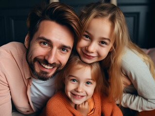 Young Caucasian family with small daughter pose relax on floor in living room, smiling little girl kid hug embrace parents, show love and gratitude, rest at home together. 