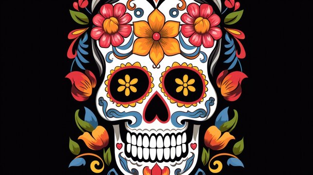 Festive handmade drawing of a sugar skull, beautifully decorated with flowers, capturing the spirit of Mardi Gras.