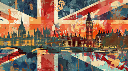 Artistic collage of the london skyline with big ben and the union jack in retro style