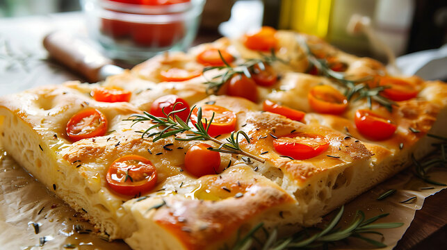 The main focus of the image is a golden-brown focaccia bread. It boasts an airy and soft texture, with characteristic bubbles and wells.