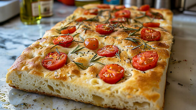 The main focus of the image is a golden-brown focaccia bread. It boasts an airy and soft texture, with characteristic bubbles and wells.