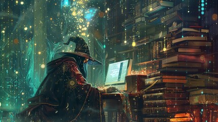A wizard draped in starry robes absorbed in research at a desk overflowing with ancient books - obrazy, fototapety, plakaty
