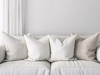 Array of plain throw pillows on a modern couch, clean and simple for versatile interior design mockups