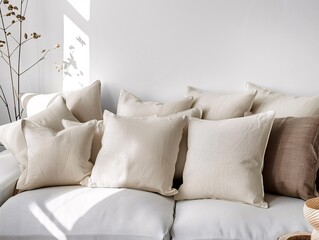 Fototapeta na wymiar Array of plain throw pillows on a modern couch, clean and simple for versatile interior design mockups