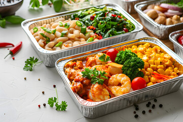 Aluminum foil containers with various foods on a table