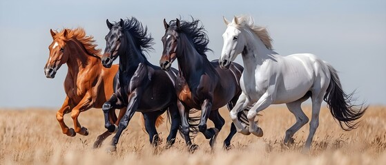 Synchronous Equine Elegance on the Plains. Concept Horseback Riding, Equestrian Events, Equine Care, Horse Training, Natural Horsemanship - obrazy, fototapety, plakaty