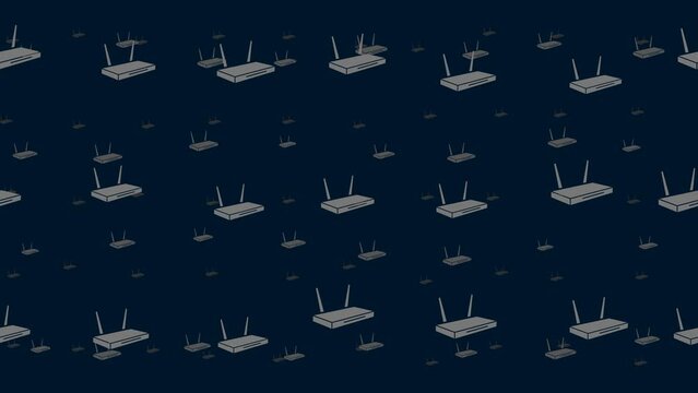 Router symbols float horizontally from left to right. Parallax fly effect. Floating symbols are located randomly. Seamless looped 4k animation on dark blue background
