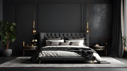 Luxurious spacious bedroom with black and dark gray walls and a bed. Deep, rich colors include grey, graphite, and white. Blank mockup background design space. There is an empty spot for art.