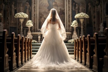 A breathtaking moment unfolds: a bride in a long wedding dress stands among the pews in a church, seen from behind.