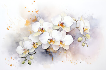 Purple background in watercolor, white orchids. Floral background. Nature. Spring