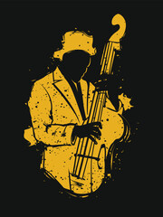 Stylized yellow silhouette of a musician playing double bass on a splattered ink black backdrop © esa