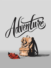 Inspirational adventure word art with hand-drawn backpack and traveler silhouette