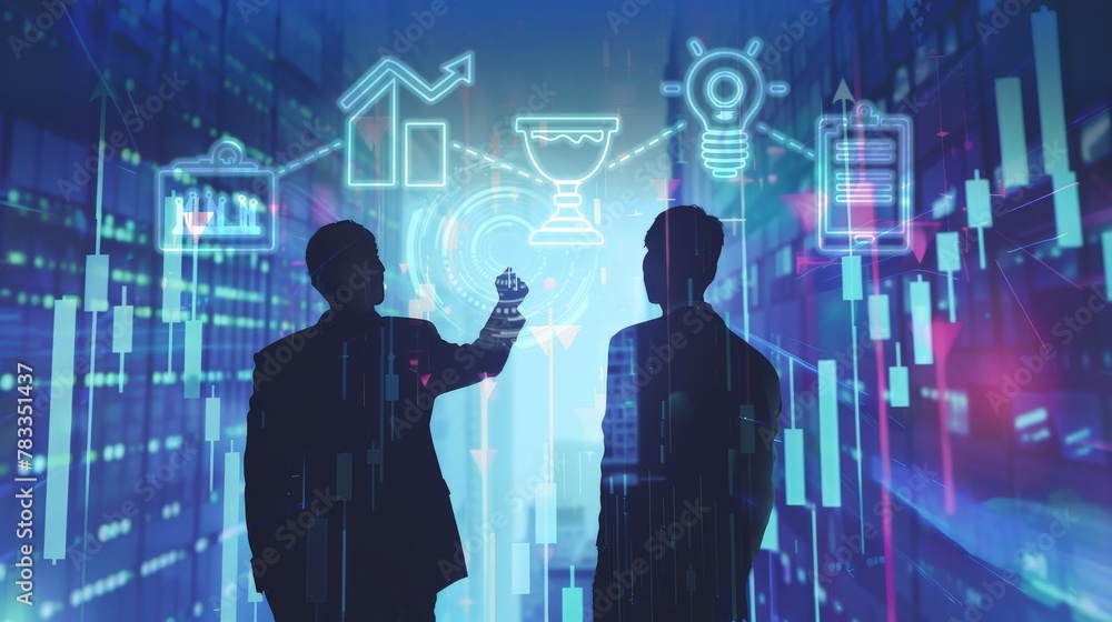 Aufkleber two men are standing in front of a large screen with a lot of icons and symbols