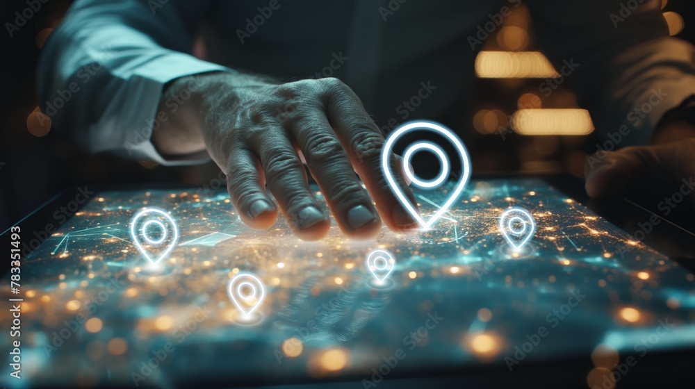 Aufkleber a man is pointing at a map on a tablet with a blue dot in the middle