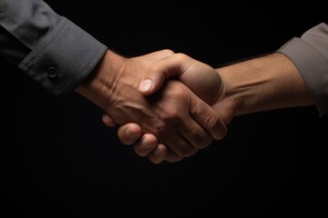 Firm handshake in a close-up on a dark background conveys trust and collaboration between two individuals in a business setting.