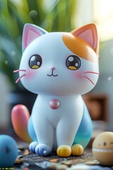 Cute animated white kitten with ginger spots, large eyes, and a playful pose on a blurred interior background.
