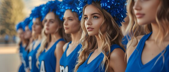 Blue Unity: Cheerleaders with Pompoms by the Court. Concept Sports Photography, Cheerleading, Team Spirit, Blue and White Theme, Pompoms and Court,